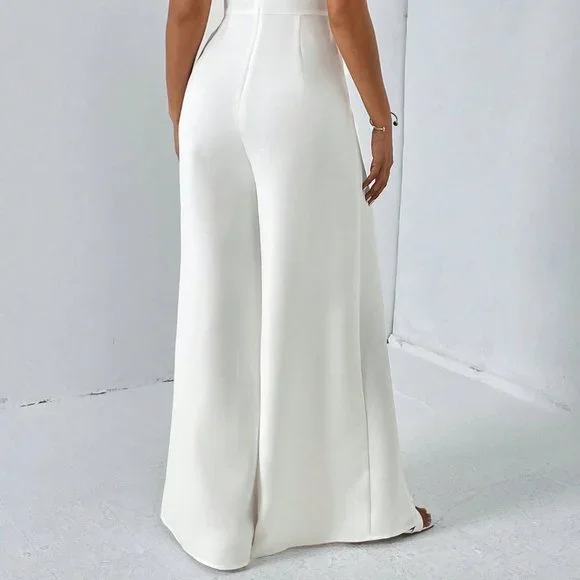 White Preppy Womens Split Thigh Tube Jumpsuit - Picture 2 of 5